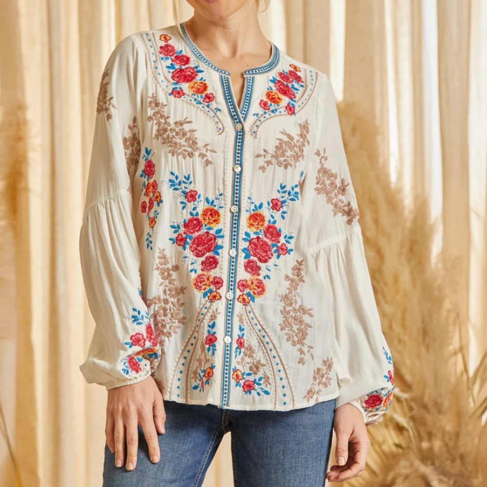 Savanna Jane Floral Embroidered Button Up Top in Ivory Size Large Boho Relax Fit